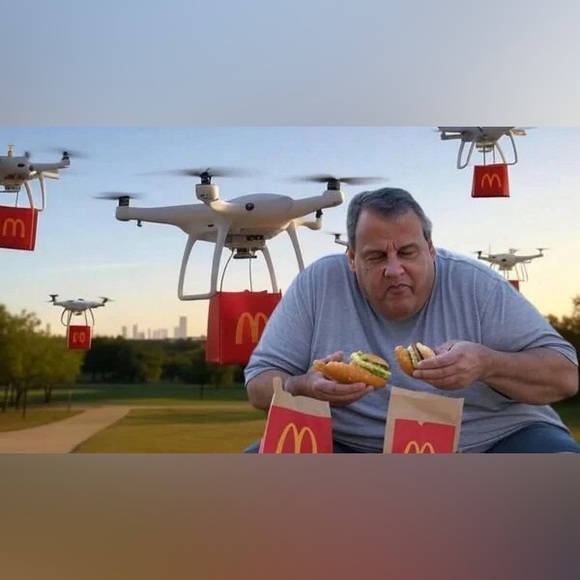 Cardboard Cutout of Chris Christie Eating Mcdonalds with Drones